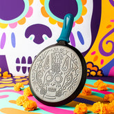 10.5 Inch Seasoned Cast Iron Xolo Sugar Skull Griddle with Deluxe Handle Holder