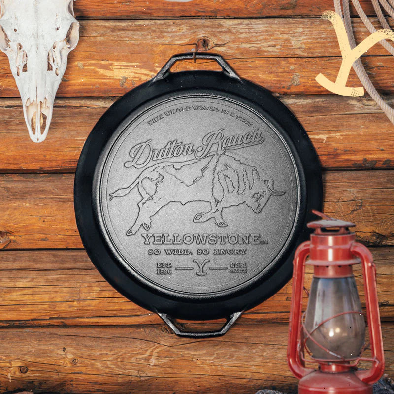 Yellowstone™ 17 Inch Seasoned Cast Iron “So Wild, So Angry” Dual Handle Pan